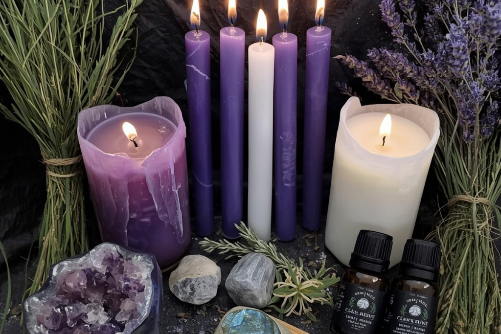 Purple & White Candles surrounded by 2 herb bundles of Lavender and Sage, Crystals Amethyst & Labradorite and Essential oils. 
