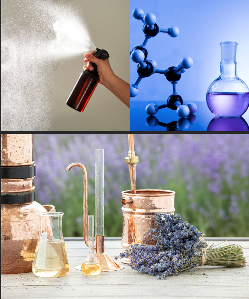 Top left image is a amber spray bottle misting the air, Top right image is a chemical compound diagram with a beaker next to it this represents perfume formulation and the bottom image is of a copper and glass hydrosol distiller with lavender 
