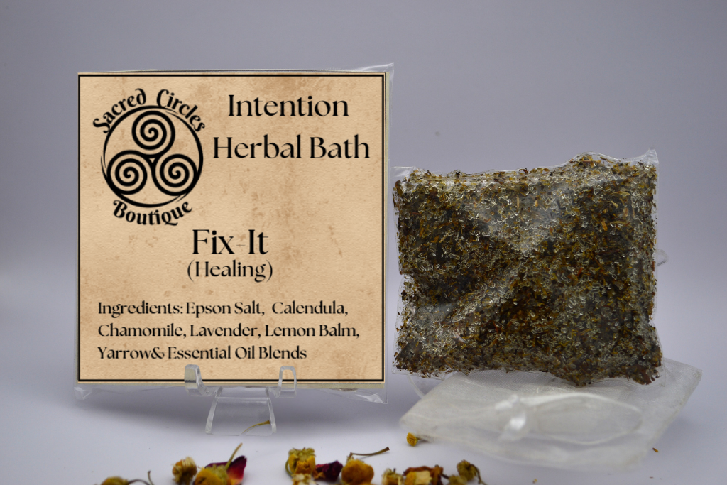 Herbal bath product with packaging labeled 'Intention Herbal Bath' on a gray background