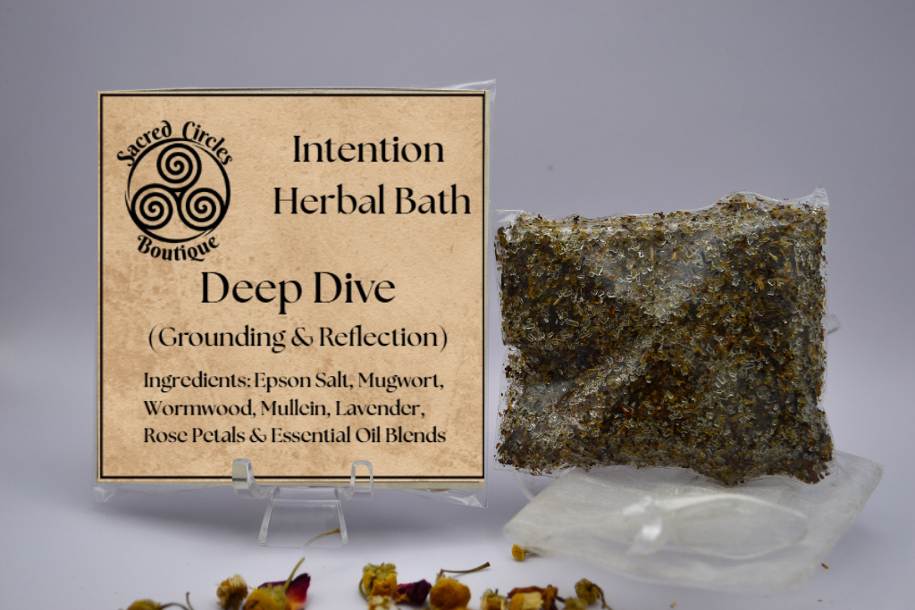 Herbal bath product with packaging labeled 'Intention Herbal Bath Deep Dive' on a gray background.