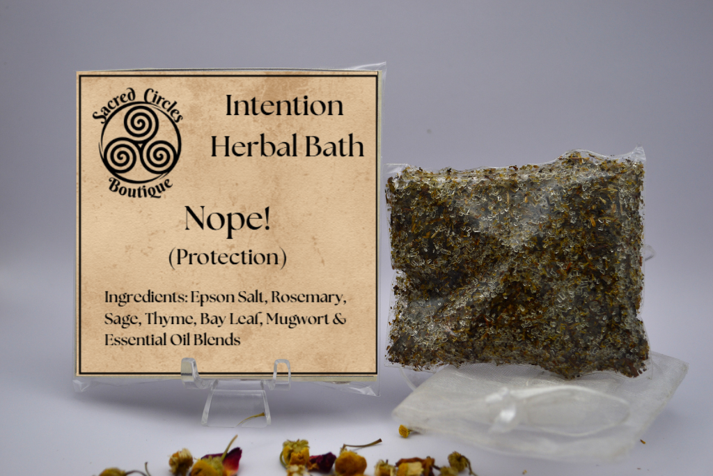 Herbal bath intention packaging called Nope! with ingredients listed on a gray background