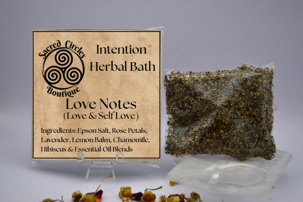 Herbal bath product with packaging labeled 'Intention Herbal Bath Boutique' on a gray background