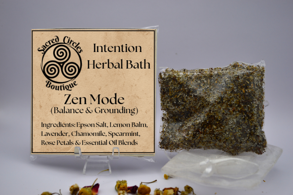 Herbal bath product labeled 'Zen Mode' with ingredients on a gray background