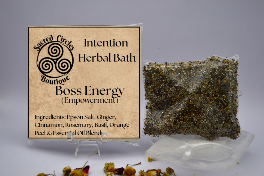 Herbal bath product with packaging labeled 'Boss Energy' on a gray background