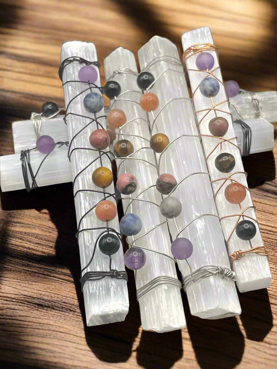 Wire Wrapped Chakra Selenite Stick