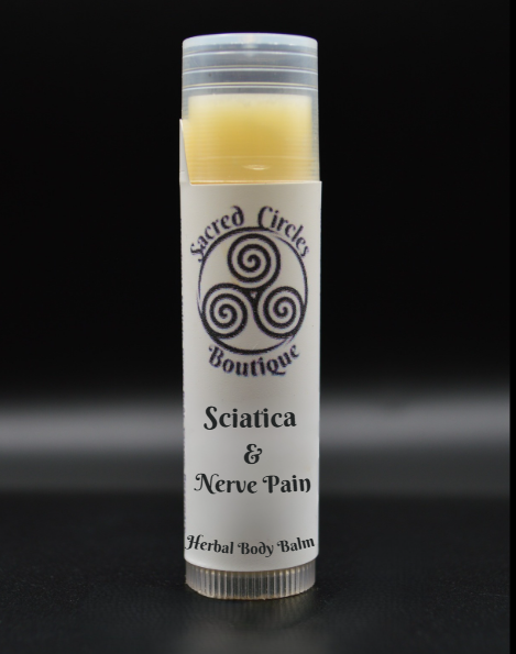 Sciatica & nerve pain support Balm stick with branding on a black background
