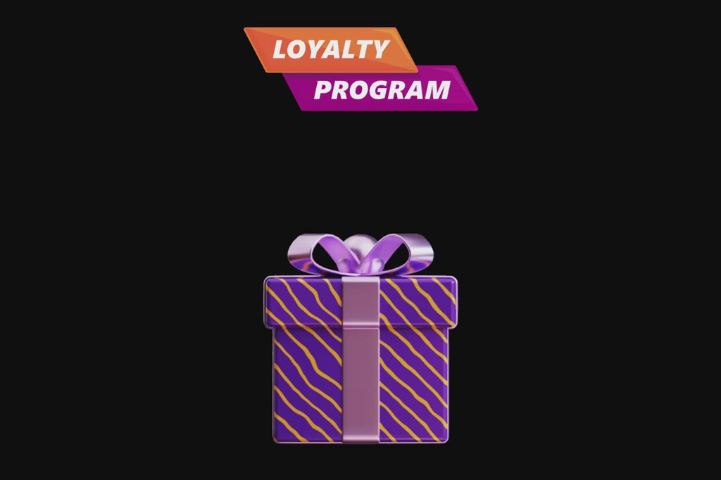 Video of a present on black background with text overlay 'Loyalty program'. In the video. the present opens and confetti come out.